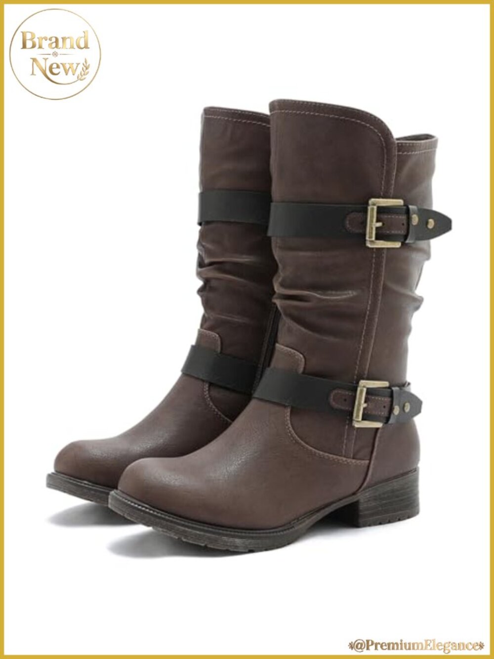 GLOBALWIN Women's Mid Calf Moto Boots Faux Leather Buckle Straps